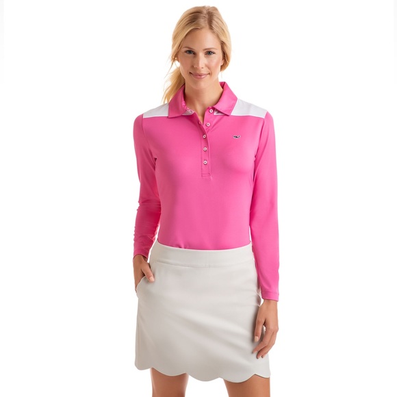 Vineyard Vines Tops - Vineyard Vines Long-Sleeve Shep Polo Golf Pink White Size Large